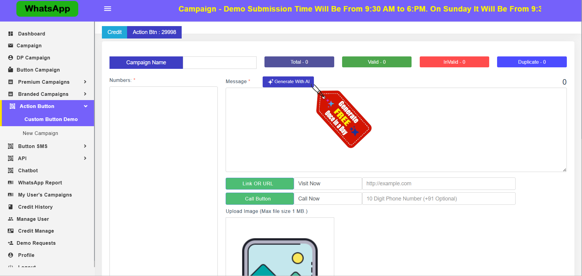 Interactive action button setup on our bulk WhatsApp sender in Jaipur software dashboard.